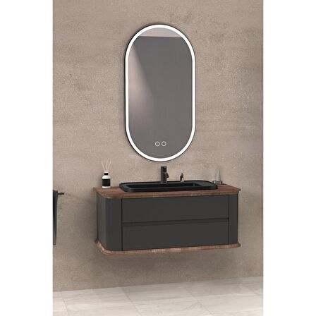 PIER 100 CM SİYAH LAVABOLU BANYO DOLABI ANTRASİT / KAYIN 