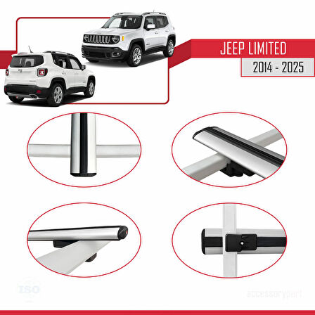 Jeep Limited 2014 ve Sonrası ile Uyumlu BASIC Model Ara Atkı Tavan Barı Gri 2 Adet