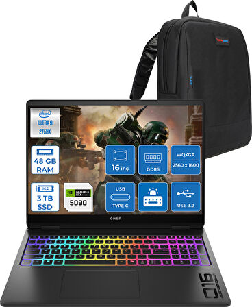Hp Omen Max 16-AH0004NT Intel Core Ultra 9 275HX 48GB Ddr5 1tb SSD + 2 Tb SSD 24GB Nvıdıa RTX5090 16 Inç 500NITS 2k Wqxga 240Hz 3ms IPS Freedos Siyah OB92QMEAF11 + Zetta Çanta