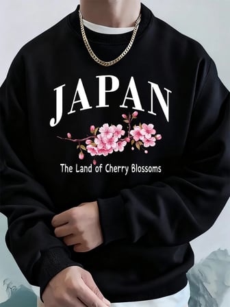 Japonya Kiraz Çiçekleri Ülkesi Baskılı Erkek Kapüşonlu Üstleri Sonbahar Bol Sweatshirt Temel