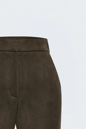 Yuksek Bel Boru Paça Süet Pantolon Kahverengi