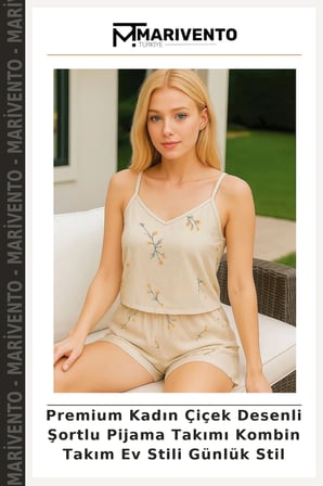 Premium Kadın Çiçek Desenli Şortlu Pijama Takımı Kombin Takım Ev Stili Günlük Stil