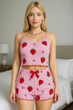 Delux Serisi Günlük Giysi Kısa Şort Sevimli Tarz Kadın Çilek Desenli Şortlu Pijama Takımı