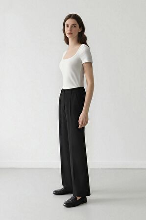 DeFacto Wide Leg Pensli Klasik Palazzo Pantolon Geniş Bol Paça Basic Düz Uzun Boy Yüksek Bel Cepli C2020AX25SPBK81