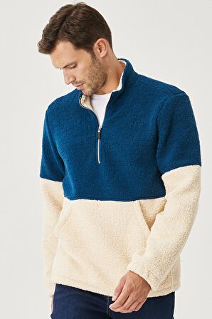 Erkek Petrol Tas Standart Fit Bato Yaka Kanguru Cepli Çift Renkli Sherpa Polar Sweatshirt