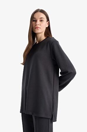 Regular Fit Bisiklet Yaka Basic Düz Siyah Sweatshirt Tunik