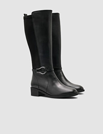 Cabani %100 Hakiki Deri Siyah Streç Detaylı Kadın Çizme