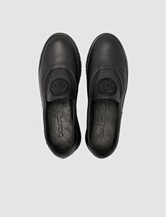 Cabani %100 Hakiki Deri Taşlı Siyah Kadın Comfort Ayakkabı