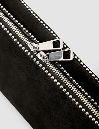 Cabani Zımba Detaylı Siyah Süet Kadın Omuz Çantası