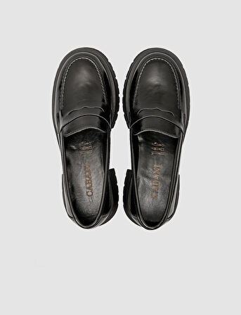  Hakiki Rugan Deri Siyah Kadın Loafer Ayakkabı