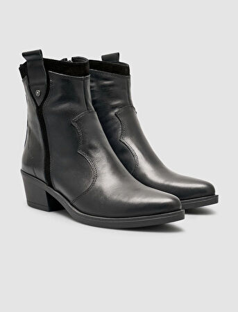  %100 Deri Siyah Kısa Kadın Western Bot