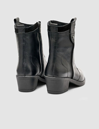  %100 Deri Siyah Kısa Kadın Western Bot