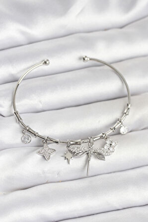 Yusufçuk Charmlı Gümüş Renk Pirinç Kadın Bileklik