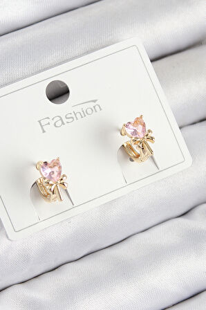 Pirinç Zirkon Taşlı Fiyonklu Kalp Model Gold Renk Çocuk Küpe