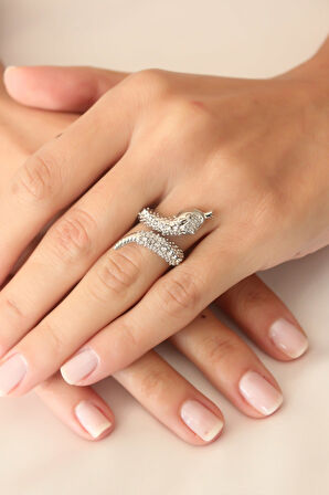 Gümüş Renk Zirkon Taşlı Ayarlanabilir Kadın Yılan Yüzük