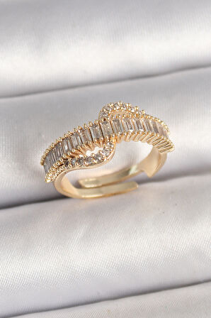 Pirinç Gold Renk Su Yolu Zirkon Taşlı Ayarlanabilir Model Kadın Yüzük