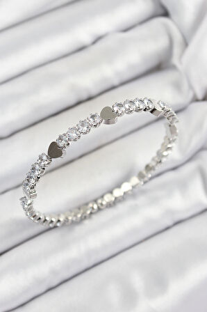 Pirinç Zirkon Taşlı Kalp Model Gümüş Renk Yaylı Kadın Bileklik