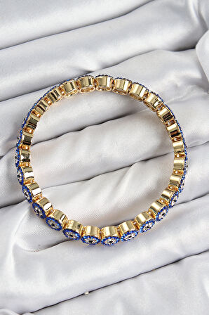 Pirinç Zirkon Taşlı Lacivert Nazar Model Gold Renk Lastikli Kadın Bileklik