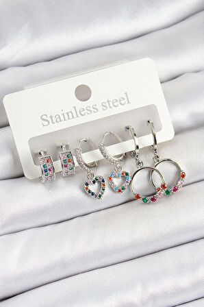 Pirinç Zirkon Taşlı Kalp Ve Halka Model Gold Renk 6'lı Set Kadın Küpe