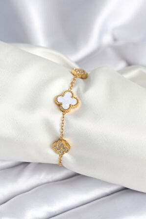 316L Çelik Zincir Zirkon Taşlı Yonca Beyaz Kadın Bileklik