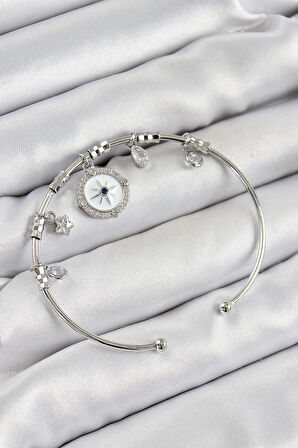 Pirinç Zirkon Taşlı Pusula Model Gümüş Renk Charm Bileklik