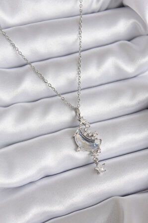 316L Çelik Zincir Gümüş Renk Zirkon Taşlı Ay Model Sallantı Yıldız Detay Kadın Kolye