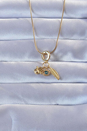 316L Altın Renk Zirkon Taşlı Fatma Ana Eli Yapraklı Kolye