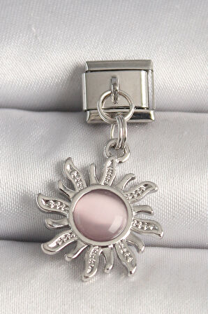 316L Çelik Gümüş Renk Pembe Mineli Güneş Model Nomination Charm