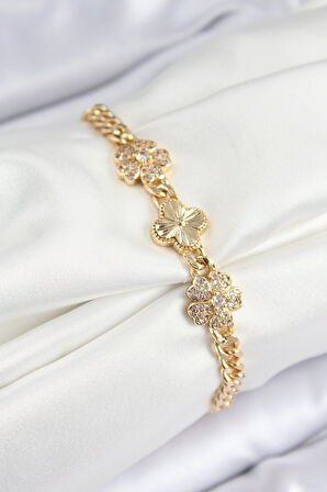 Pirinç Zirkon Taşlı Yonca Model Gold Renk Kadın Bileklik