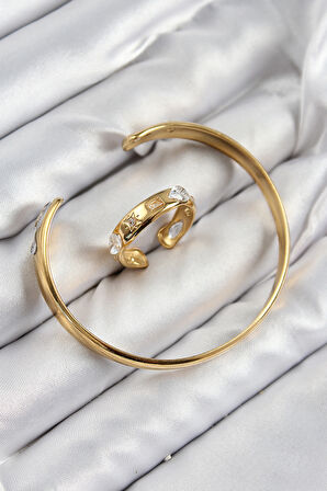 Pirinç Zirkon Taşlı Ayrık Model Gold Renk Bileklik Yüzük Set