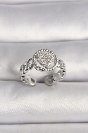 Pirinç Gümüş Renk Zincir Model Zirkon Taşlı Kalp Model Kadın Yüzük