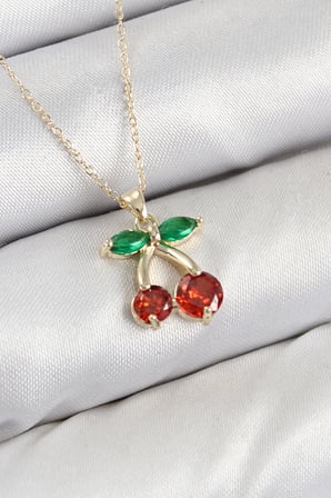 Pirinç Zirkon Taşlı Kiraz Model Gold Renk Kadın Kolye