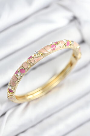 Mineli Pirinç Zirkon Taşlı Pembe Çiçek Motifli Gold Kadın Kelepçe