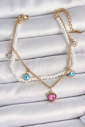 316L Çelik Gold Renk 2'Li İncili Zincir Sallantı Pembe Kalp Model Nazar Boncuk Detay Kadın Bileklik