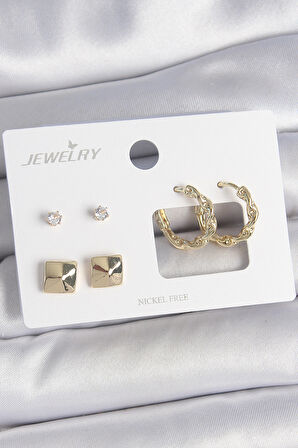 Pirinç Gold Renk Burgu Halka Model Zirkon Taşlı Kare Detay 3 Çift Kadın Küpe Seti