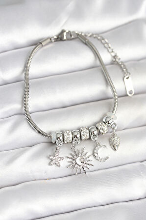 Pirinç Gümüş Renk Ay ve Güneş Charmlı Kadın Bileklik