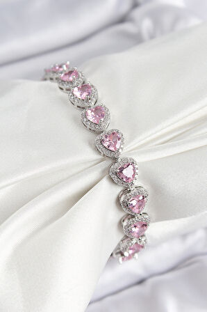Pirinç Zirkon Taşlı Pembe Kalp Baget Model Gümüş Renk VIP Seri Kadın Bileklik