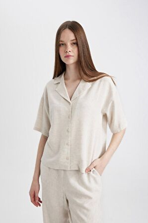 DeFacto Oversize Geniş Kalıp Pijama Yaka Keten Karışımlı Kısa Kollu Gömlek U2927AZ24SMER234