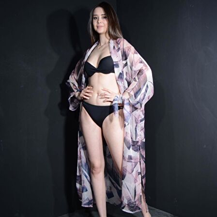 PAREDORA Eflatun Fırça Desenli Kimono Pareo