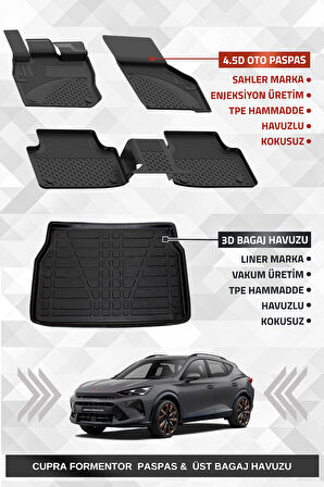 Sahler Cupra Formentor Mild Hybrid 2024+ Uyumlu 4.5D Premium Havuzlu Oto Paspas ve Liner Marka 3D ÜST Bagaj Havuzu