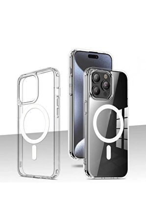 Apple iPhone 15 Pro Uyumlu Kılıf Wireless Şarj Özellikli Magsafe Şeffaf Telefon Kılıfı Kapak
