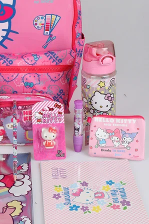  x Dekomus "Candy Kitty Collection" Hello Kitty Lisanslı Kırtasiye Seti Ortopedik İlkokul ve Kalem Çantası,Matara,Beslenme Kabı Seti