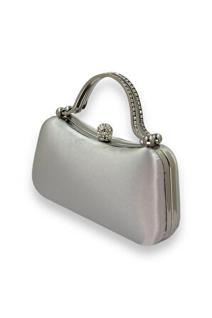 Gümüş Gri Lame Renk Saten  Abiye Çanta Kristal Taşlı Metal Saplı Abiye Çanta