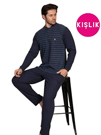 Guava Erkek 3 Düğme Uzun Kol Göğüs Cepli Selanik Kumaş Kışlık Cepli Pijama Takımı 