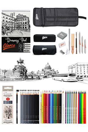 Eskiz Defteri St.petersburg Dereceli Kalem Metalik Fosforlu Sulu Kuruboya Kalemi Çantalı Eskiz Set