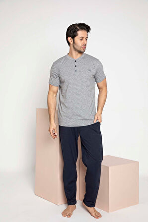 Erkek Ekose Desen 3 Düğmeli Bisiklet Yaka Bilek Manşetli Modal Mevsimlik Uzun Kol Cepli Pijama Takım