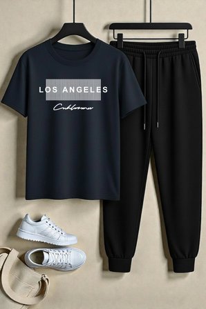 Unisex Los Angeles Tasarım Baskılı Tişört - 2'li Eşofman Takımı