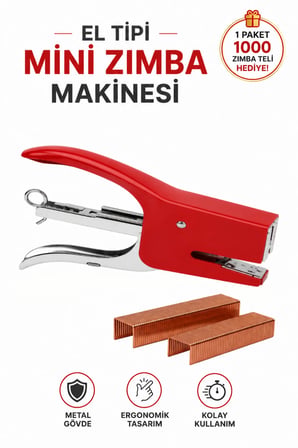 Zımba Makinesi El Tipi – Metal Gövdeli Ergonomik Ofis ve Ev Tipi Zımba Makinesi | 1 Paket 1000 Adet Zımba Teli Hediyeli