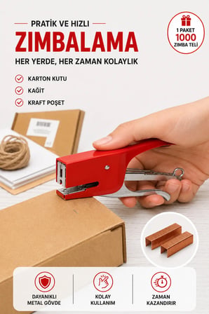 Zımba Makinesi El Tipi – Metal Gövdeli Ergonomik Ofis ve Ev Tipi Zımba Makinesi | 1 Paket 1000 Adet Zımba Teli Hediyeli