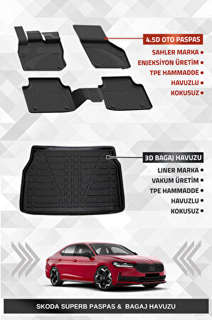 Sahler Skoda Superb 2024+ Uyumlu 4.5D Premium Havuzlu Oto Paspas ve Liner Marka 3D Bagaj Havuzu